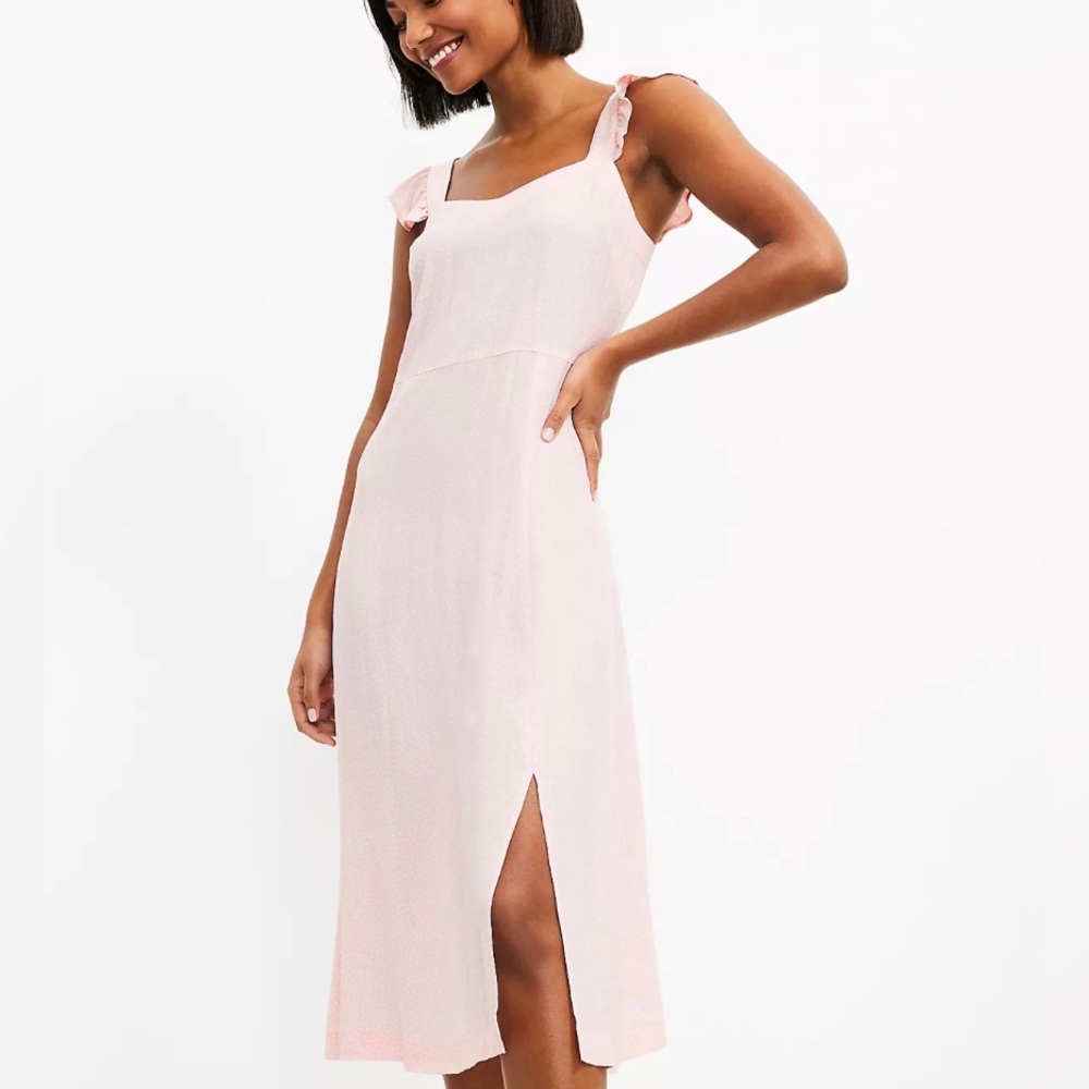 LOFT dotted ruffle strap light pink midi dress (NWT)